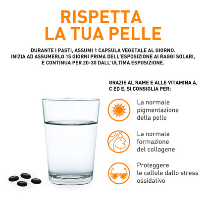 Equilibra Integratori Alimentari, Bronze Control, Integratore Vitamina A, Vitamina C, Vitamina E e Rame, con Estratto di Melone Brevettato, per l'Esposizione Solare, Senza Glutine, 30 Capsule Vegetali