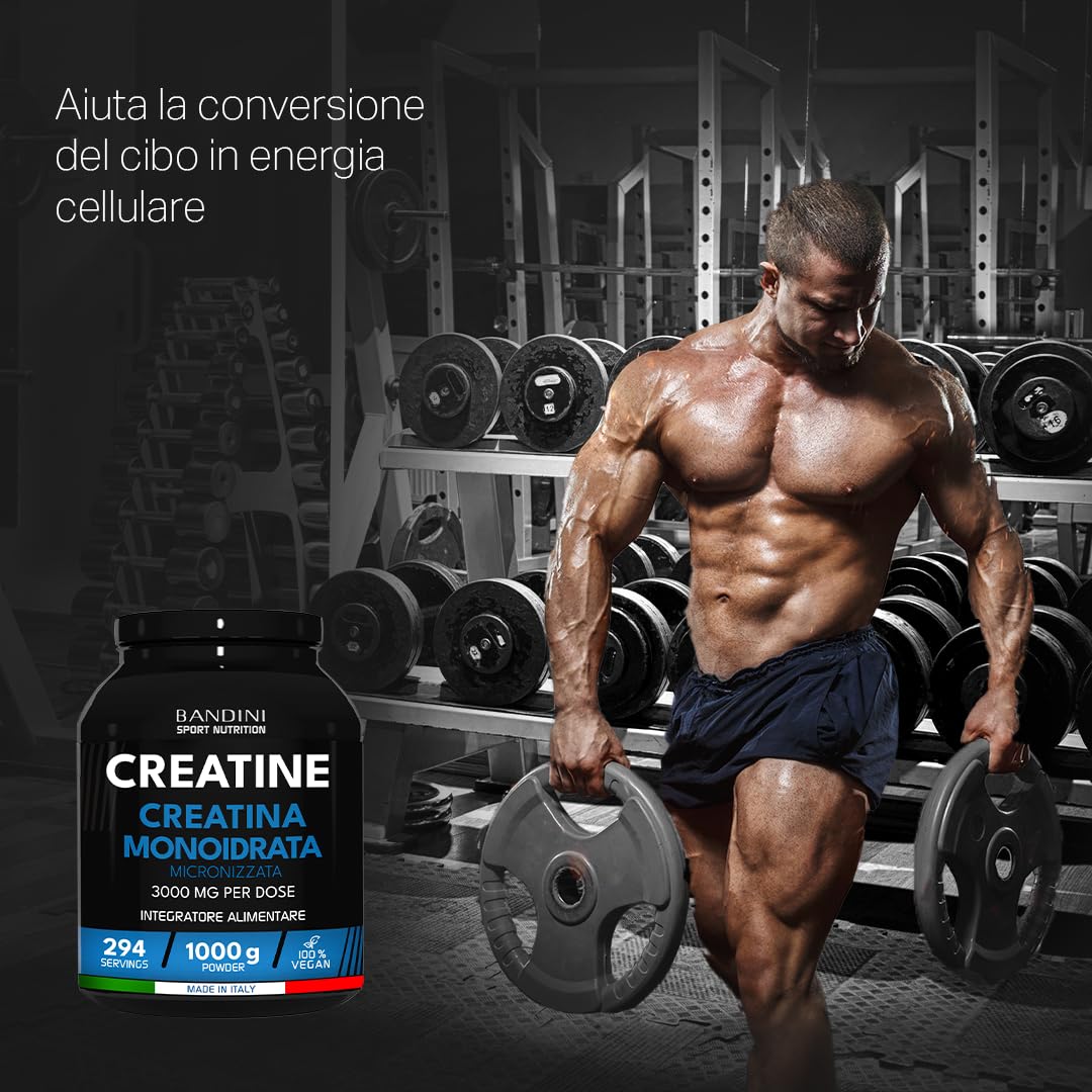 Bandini® Creatina Monoidrata Micronizzata 1kg/1000g in Polvere Pura e Vegana al 100% - Integratore Alimentare per Palestra, Sport, Fitness e Pre Workout - A base di Creatine Monoidrato