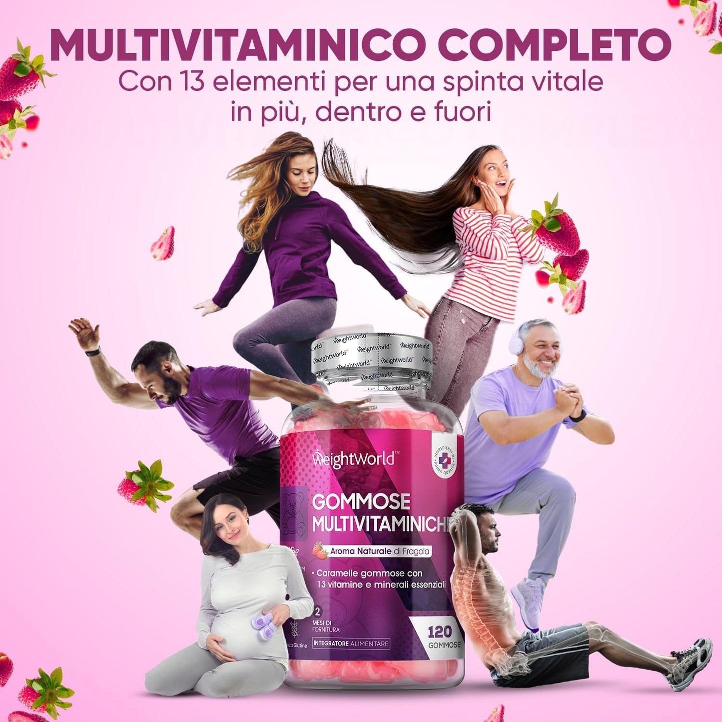 Multivitaminico Completo, 13 Vitamine e Minerali, 120 Caramelle Gommose alla Fragola 2 Mesi, Multivitaminico, Orsetti Gommosi, Vitamine, Vitamina C, Vitamina D3, Vitamine B, Vitamina E, Zinco, Iodio