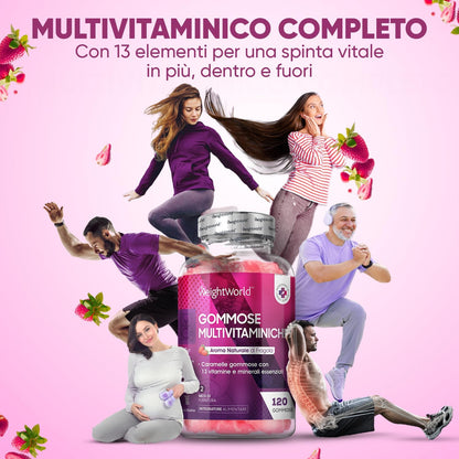 Multivitaminico Completo, 13 Vitamine e Minerali, 120 Caramelle Gommose alla Fragola 2 Mesi, Multivitaminico, Orsetti Gommosi, Vitamine, Vitamina C, Vitamina D3, Vitamine B, Vitamina E, Zinco, Iodio