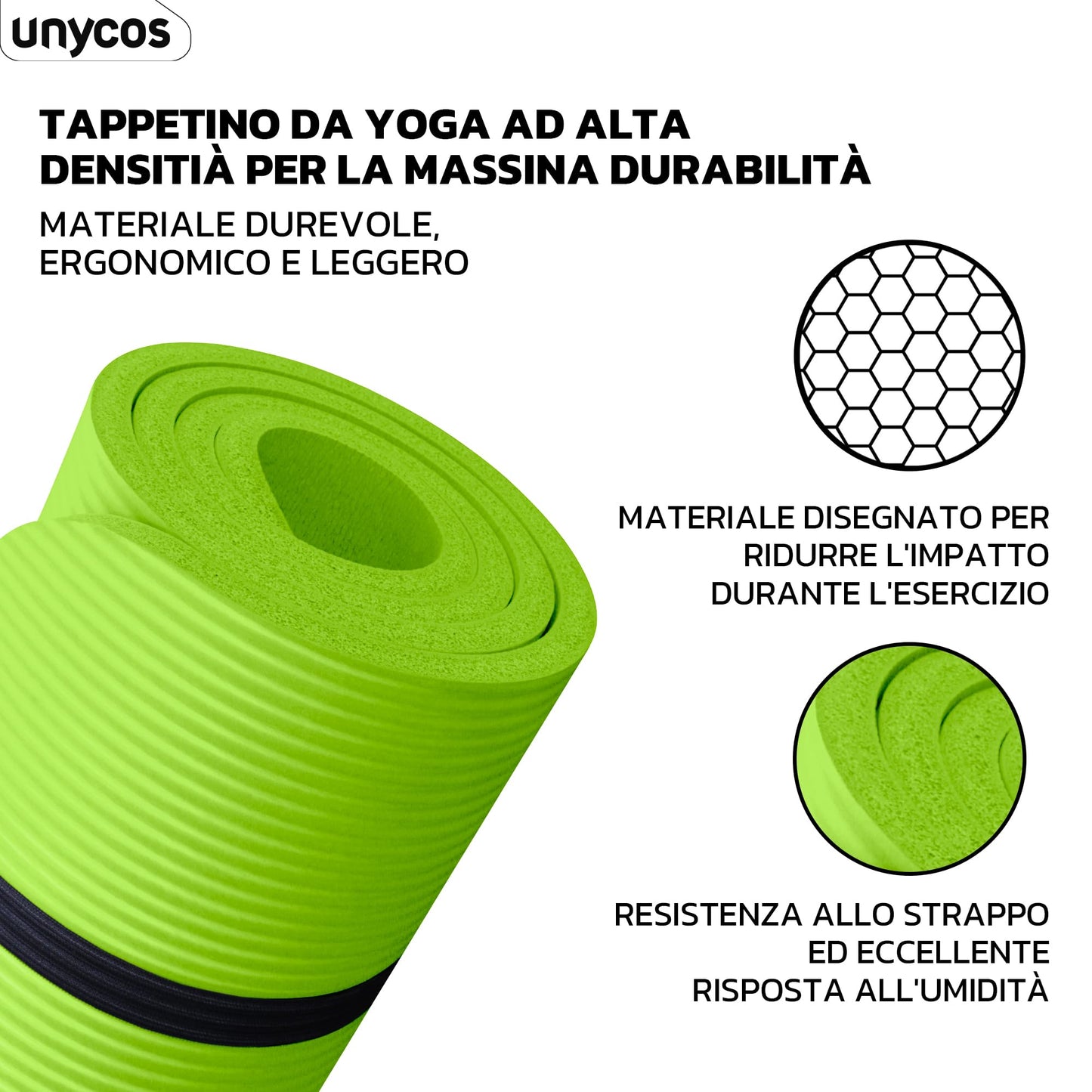 unycos - Tappetino Antiscivolo da Yoga, Pilates e Ginnastica Extra Spesso 10/15 mm, 183x60 cm, Materassino Fitness con Schiuma NBR Confortevole, Tracolla, Borsa ed E-Book di 50 Esercizi