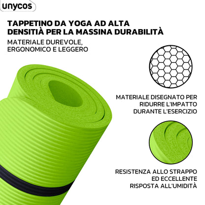 unycos - Tappetino Antiscivolo da Yoga, Pilates e Ginnastica Extra Spesso 10/15 mm, 183x60 cm, Materassino Fitness con Schiuma NBR Confortevole, Tracolla, Borsa ed E-Book di 50 Esercizi