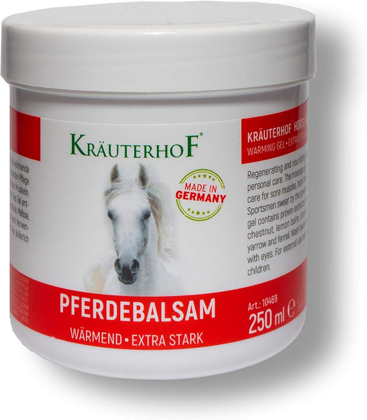 Kräuterhof - Balsamo per cavalli, extra forte, 250 ml, contro mal di schiena, dolori articolari, guarisce con calore e ingredienti naturali, perfetto per sport, dolori muscolari, reumatismi