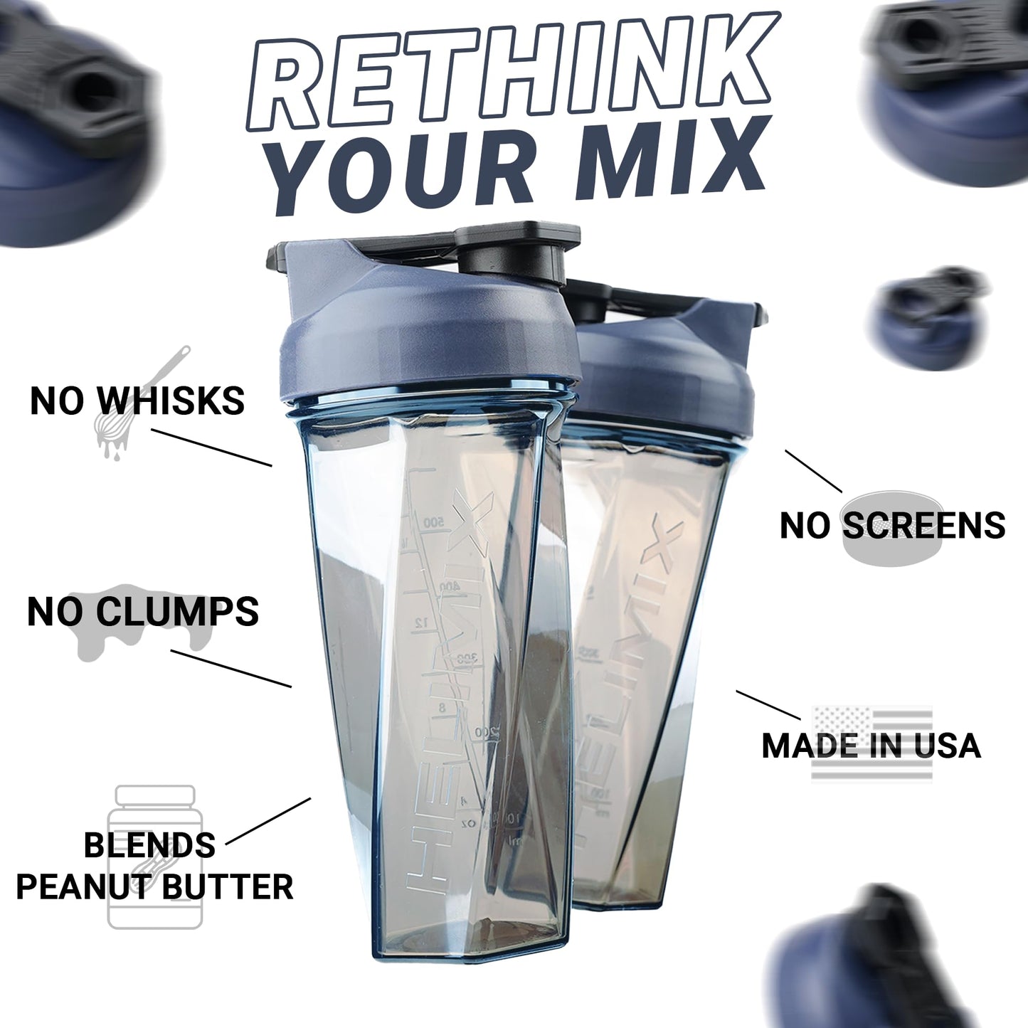 HELIMIX 1,5 Vortex Blender Shaker bottiglia contiene fino a 828 ml | Nessuna palla o frusta | Prodotto negli Stati Uniti | Portatile pre allenamento Proteine del siero di latte shaker tazza | Mescola