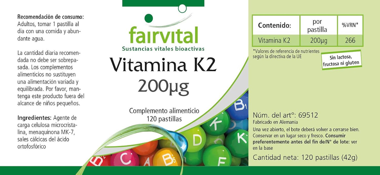 Fairvital | Vitamina K2 200mcg - 4 mesi - VEGAN - alto dosaggio - 120 compresse - menachinone da natto - MK-7