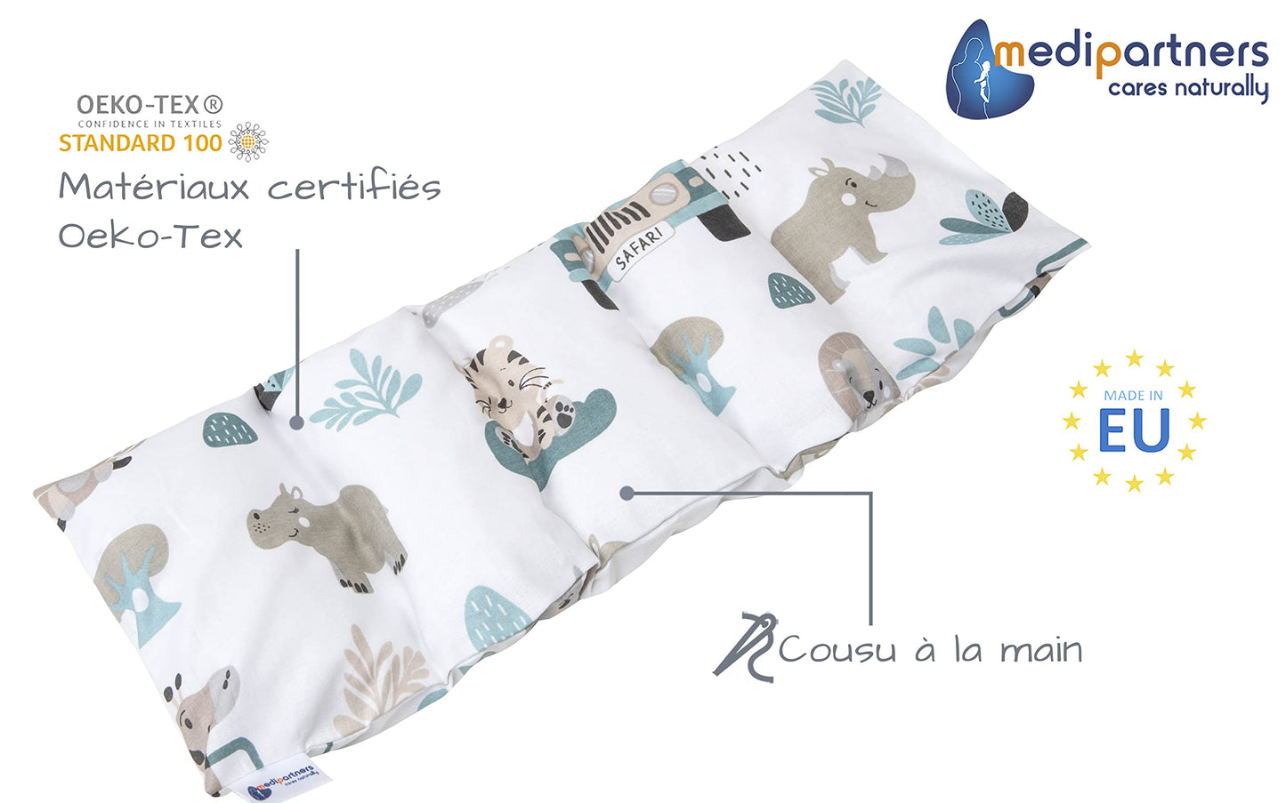 Medi Partners Cuscino Termico noccioli ciliegio 60x20cm 800g 100% Cotone 5 Camere Grande Terapia del freddo Federa sfoderabile (Stelle)