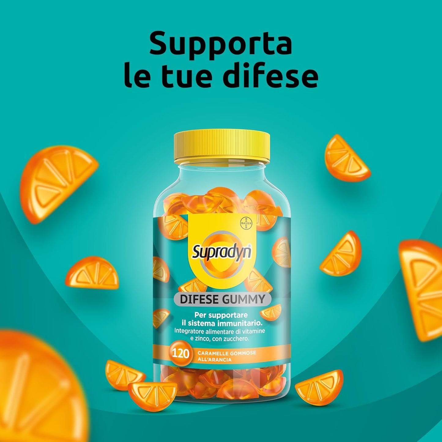 Supradyn Difese Gummy Multivitaminico Caramelle, Integratore Multivitaminico Difese Immunitarie Adulti con 7 Vitamine e Zinco, Vitamina D, Vitamina C, 120 Vitamine Gommose Gusto Arancia