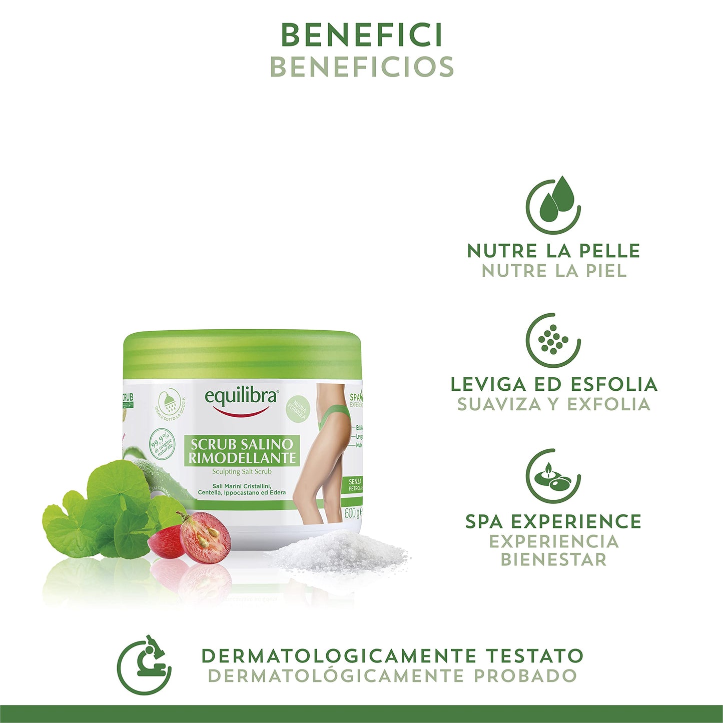 equilibra Scrub Salino Corpo Rimodellante, Esfoliante, 600 g, con Sale Salgemma di Sicilia Purissimo ad Azione Antiacqua e Aloe Vera, Oli Naturali ed Estratti Vegetali, Leviga e Nutre la Pelle