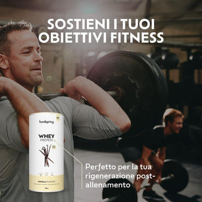 foodspring - Proteine Whey in polvere Cioccolato - Con 21 g di proteine per l'aumento muscolare, perfetta solubilità, ultra-filtrate & ricche di BCAA ed EAA - gusto pieno e delizioso (750 g)