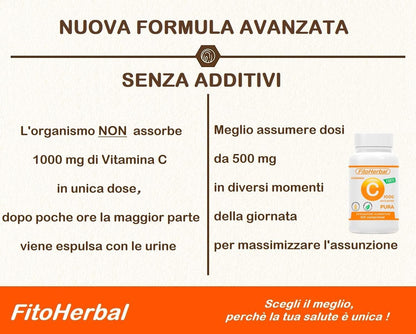 FitoHerbal Vitamina C Pura SENZA ADDITIVI Compresse Alto Dosaggio Integratore Acido Ascorbico Potenzia Sistema immunitario Protegge dai Radicali Liberi Antiossidante Naturale.