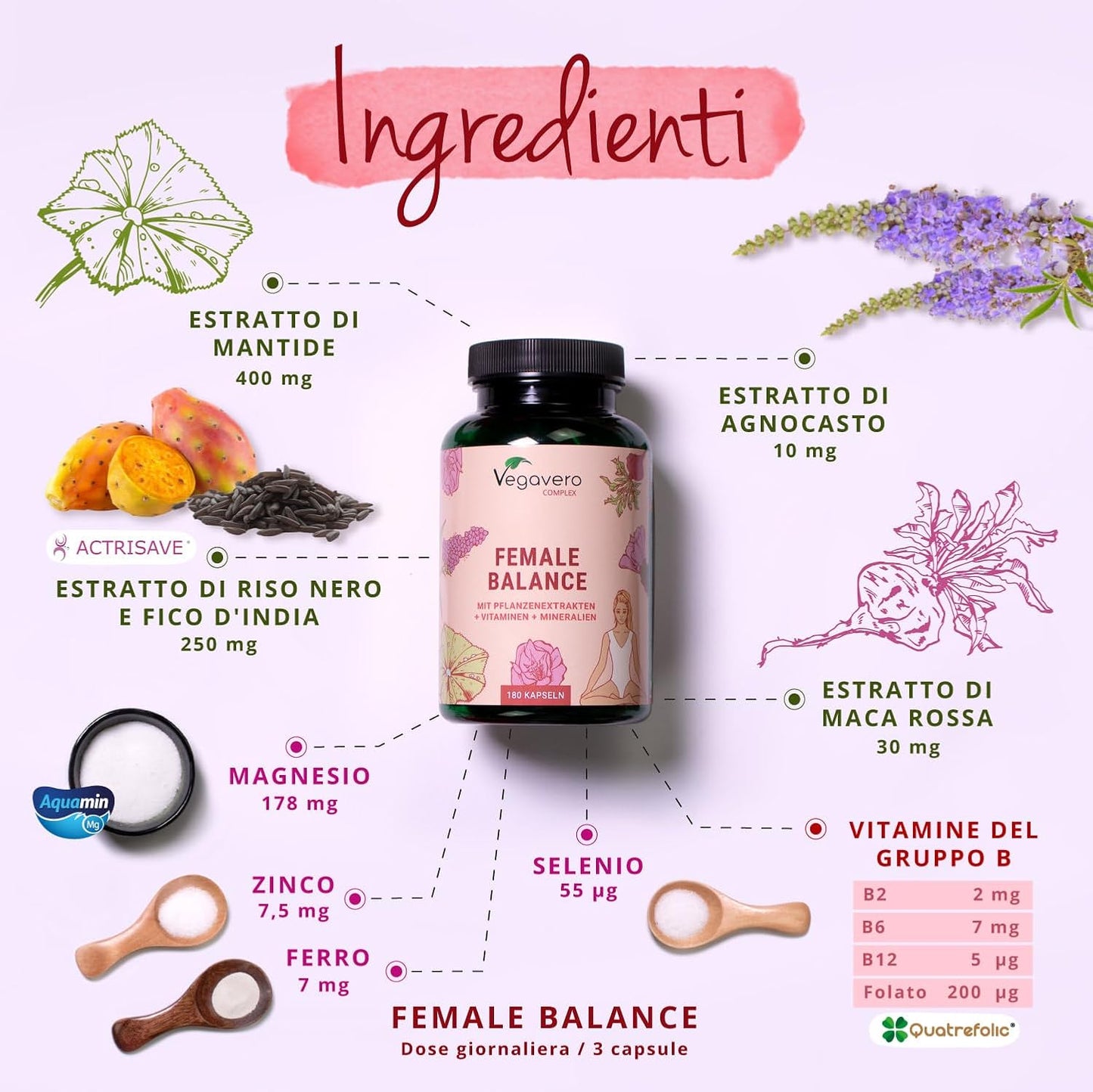 FEMALE BALANCE | 180 capsule | per Squilibrio Ormonale con Agnocasto, Maca, Magnesio, Acido Folico, Vitamine e Minerali | Amenorrea e PMS | Vegan e Senza Additivi | Vegavero®