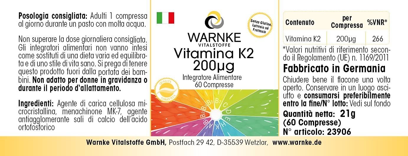 Vitamina k2 mk7 200 mcg - 60 compresse - Menachinone naturale MK-7 - vegano | Warnke Vitalstoffe - Qualità da farmacia tedesca