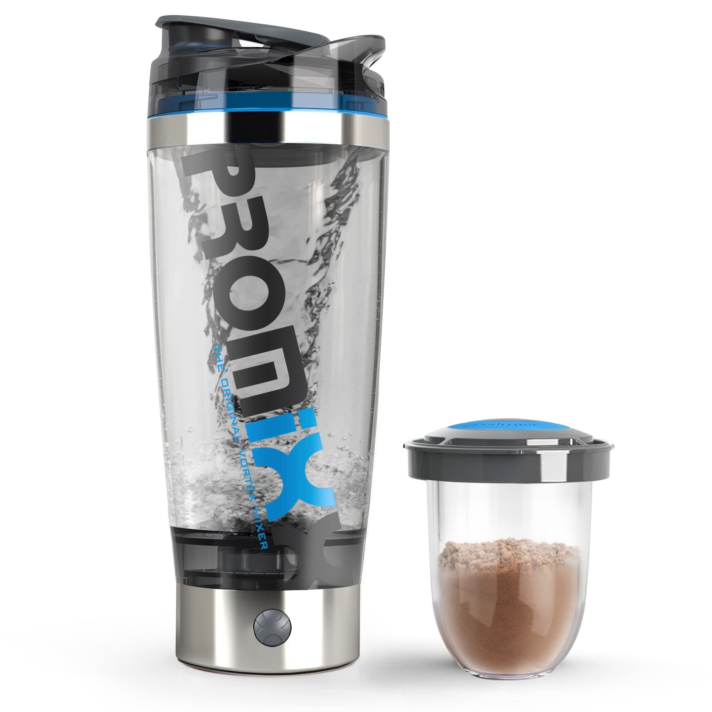 Promixx Pro Shaker Bottle - Ricaricabile, Potente per Frullati Proteici Lisci - Includere Deposito di Proteine - senza BPA - Tazza da 600 ml (Grafite/Arancia)