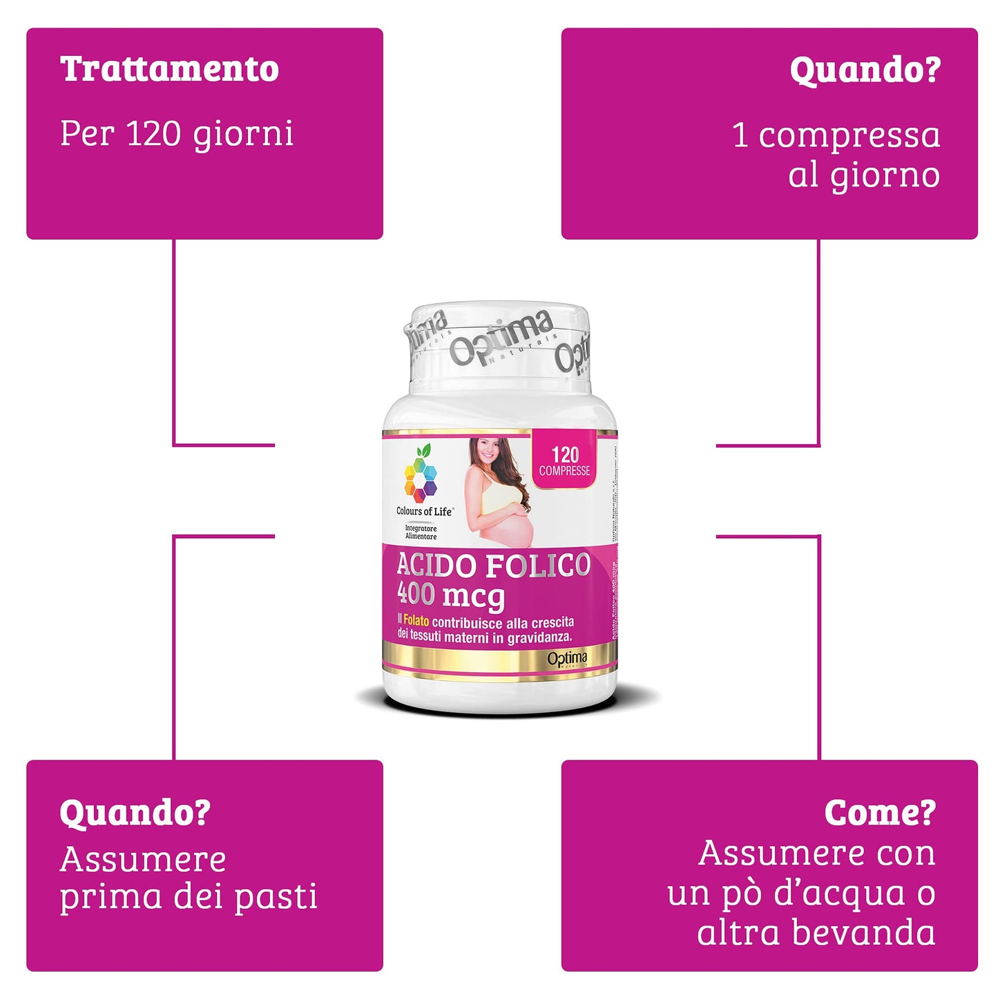 Optima Naturals Colours of Life Acido Folico 400 mcg - Integratore di Contribuisce alla Crescita dei Tessuti Materni Gravidanza Senza Glutine Vegano, 120 Compresse