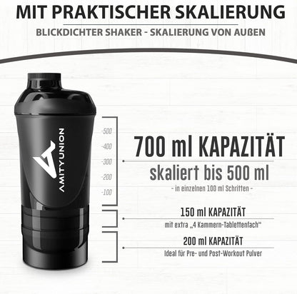 AMITYUNION Shaker per proteine - L'ORIGINALE Senza BPA con setaccio, scala per frullati di siero di latte cremosi, tazze Gym Deluxe per isolati e concentrati sportivi, (Coppa nera)