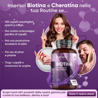 Biotina Capelli + Cheratina + Selenio + Zinco 400 Micro-Compresse (13+ Mesi) Vitamina B7 per Pelle, Unghie, Capelli, Biotina Integratore Alto Dosaggio + Zinco Selenio Cheratina Senza Magnesio Stearato