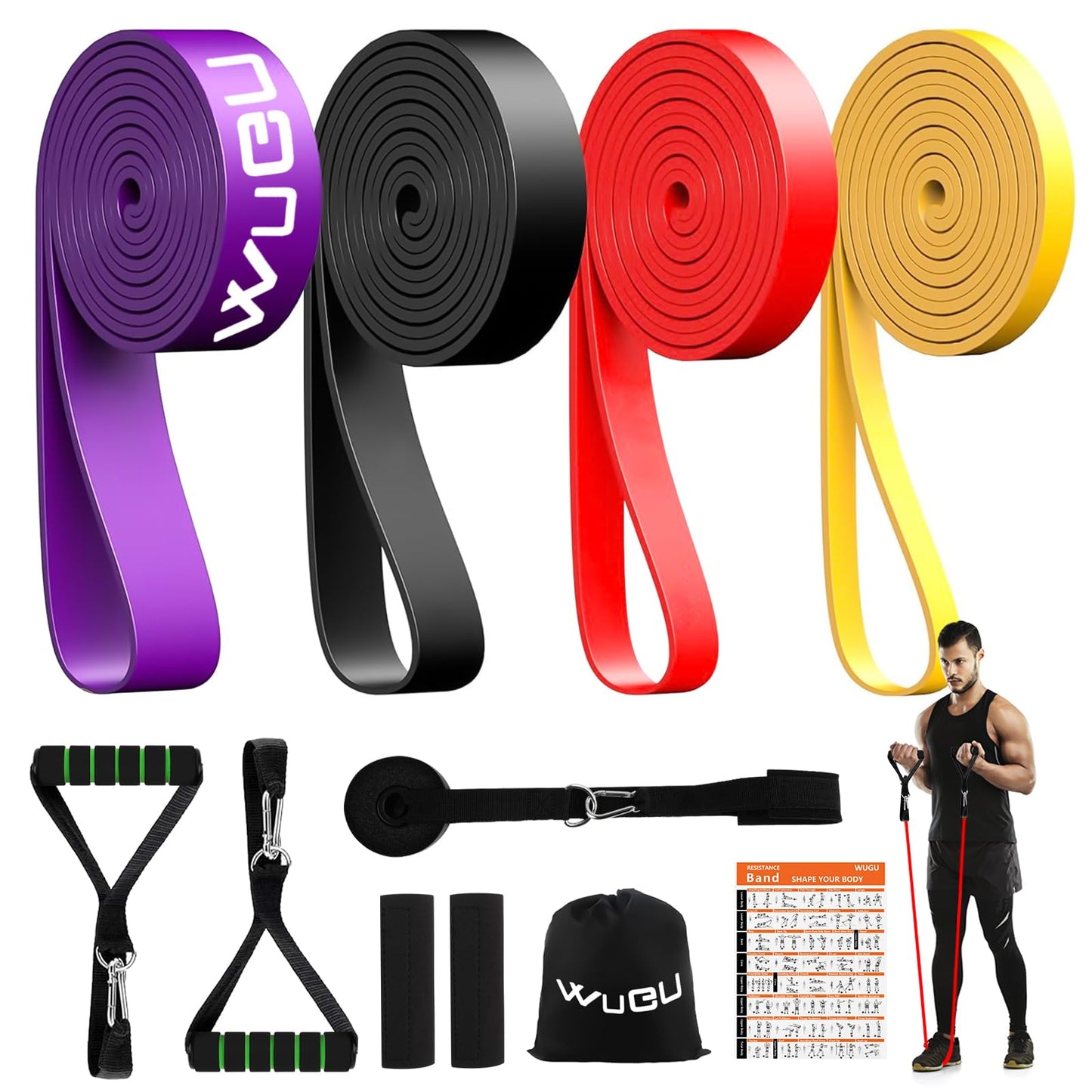 WuGU Bande Elastici Fitness, 4 Pezzi Loop Bands, Banda Elastica di Resistenza per Pull-Up, Resistente Fitness per Stretching, Allenamenti di Resistenza, Potenziamento Muscolare