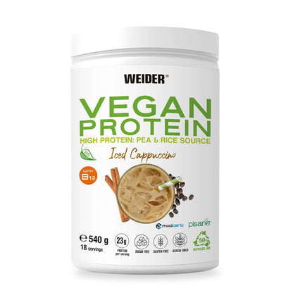 Weider Vegan Protein (750g) Gusto Cappuccino. Proteine Vegane 23g/dose isolate di piselli e riso, Con Vitamina B12 e Stevia, Senza Glutine, Senza Zucchero, Contenitore 50% Riciclato, 100% Riciclabile