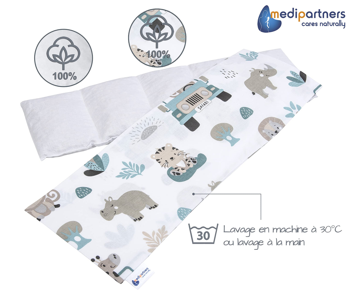 Medi Partners Cuscino Termico noccioli ciliegio 60x20cm 800g 100% Cotone 5 Camere Grande Terapia del freddo Federa sfoderabile (Stelle)