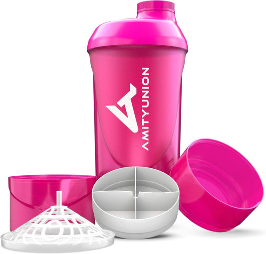 AMITYUNION Set da 700 ml di Protein Shaker da donna - ORIGINAL Senza BPA con setaccio e scaglie per frullati di siero di latte cremoso, coppe fitness da palestra per concentrati Rosa