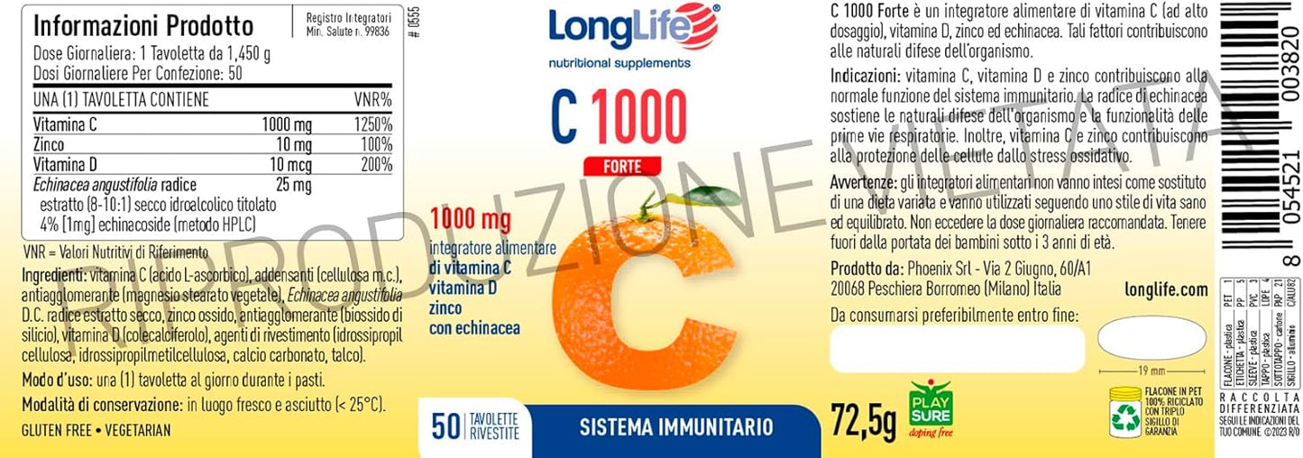 LongLife® C 1000 Forte | Vitamina C 1000mg | Con zinco, vitamina D ed echinacea | Difese immunitarie | 50 giorni di trattamento | Senza glutine e vegetariano