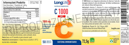 LongLife® C 1000 Forte | Vitamina C 1000mg | Con zinco, vitamina D ed echinacea | Difese immunitarie | 50 giorni di trattamento | Senza glutine e vegetariano