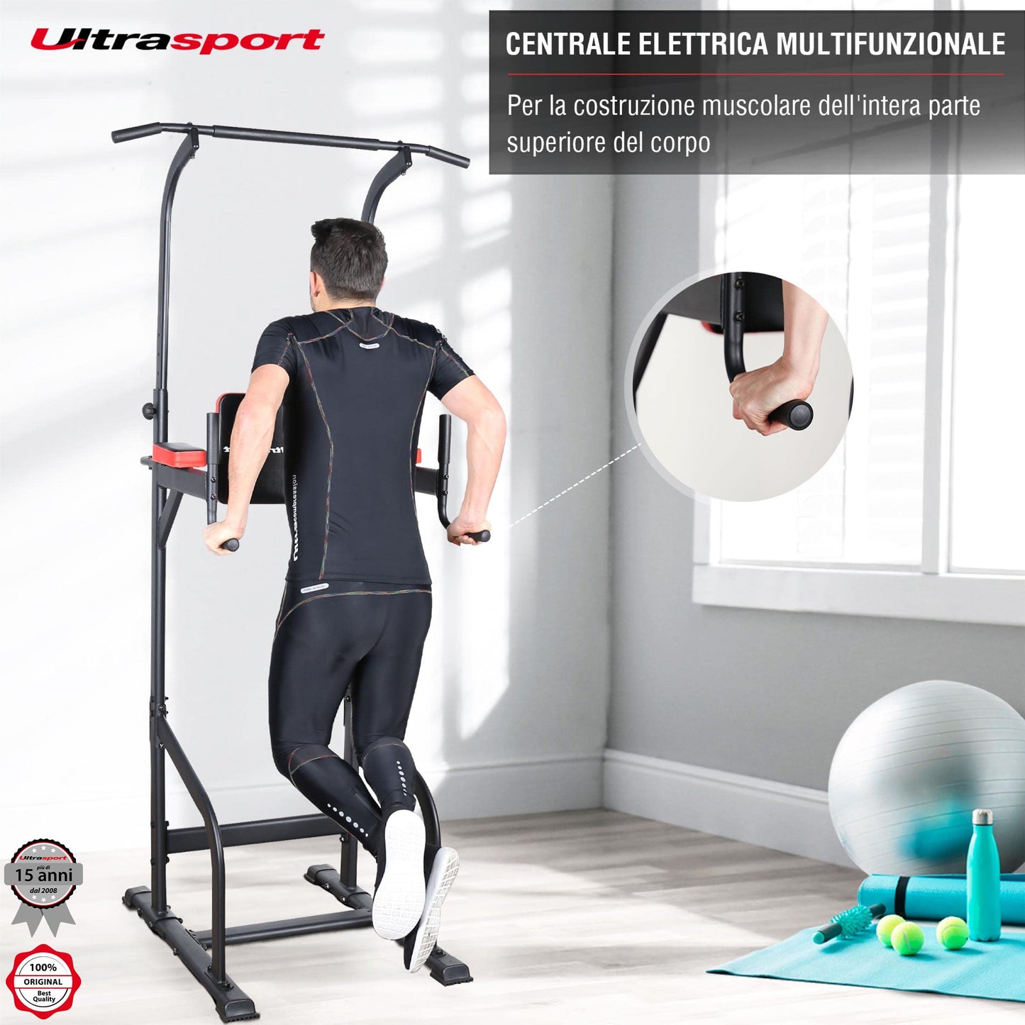 Ultrasport Power Tower, stazione per pull-up e dip, torre fitness, regolabile in altezza, home gym, torre di forza, regolabile fino a 150 kg di peso dell'utente