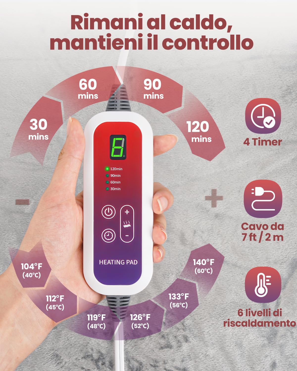 Mefine Termoforo Schiena, Rapido Riscaldamento Termoforo Elettrico con 6 Livelli di Temperatura e 4 Timer, Lavabile Termoforo Elettrico con Spegnimento Automatico per Schiena, Spalle, Addome, 138x42cm