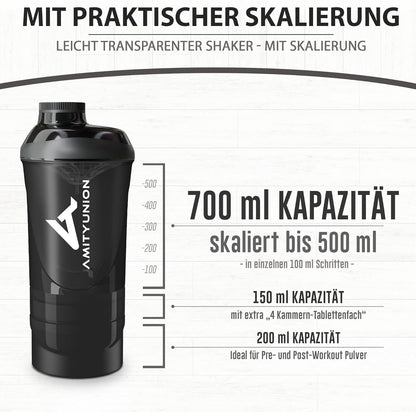 AMITYUNION Shaker per proteine - L'ORIGINALE Senza BPA con setaccio, scala per frullati di siero di latte cremosi, tazze Gym Deluxe per isolati e concentrati sportivi, (Tazza fumogena nera)