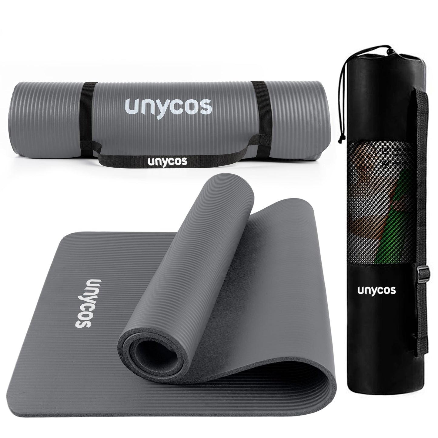 unycos - Tappetino Antiscivolo da Yoga, Pilates e Ginnastica Extra Spesso 10/15 mm, 183x60 cm, Materassino Fitness con Schiuma NBR Confortevole, Tracolla, Borsa ed E-Book di 50 Esercizi