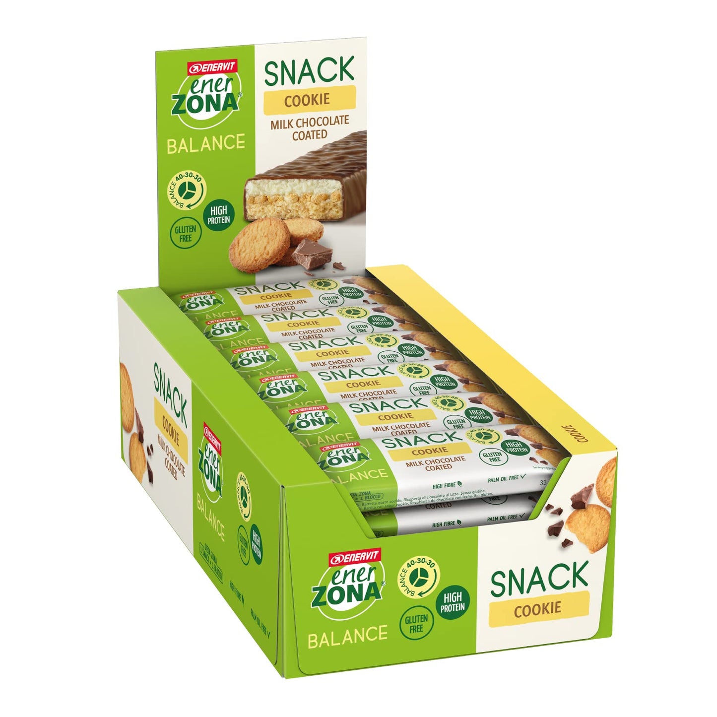 Enervit, Enerzona Protein Snack 40-30-30 Gusto Cookei, 30 Barrette Proteiche da 33gr Dieta a Zona con Proteine del Latte e Fibre, Senza Olio di Palma