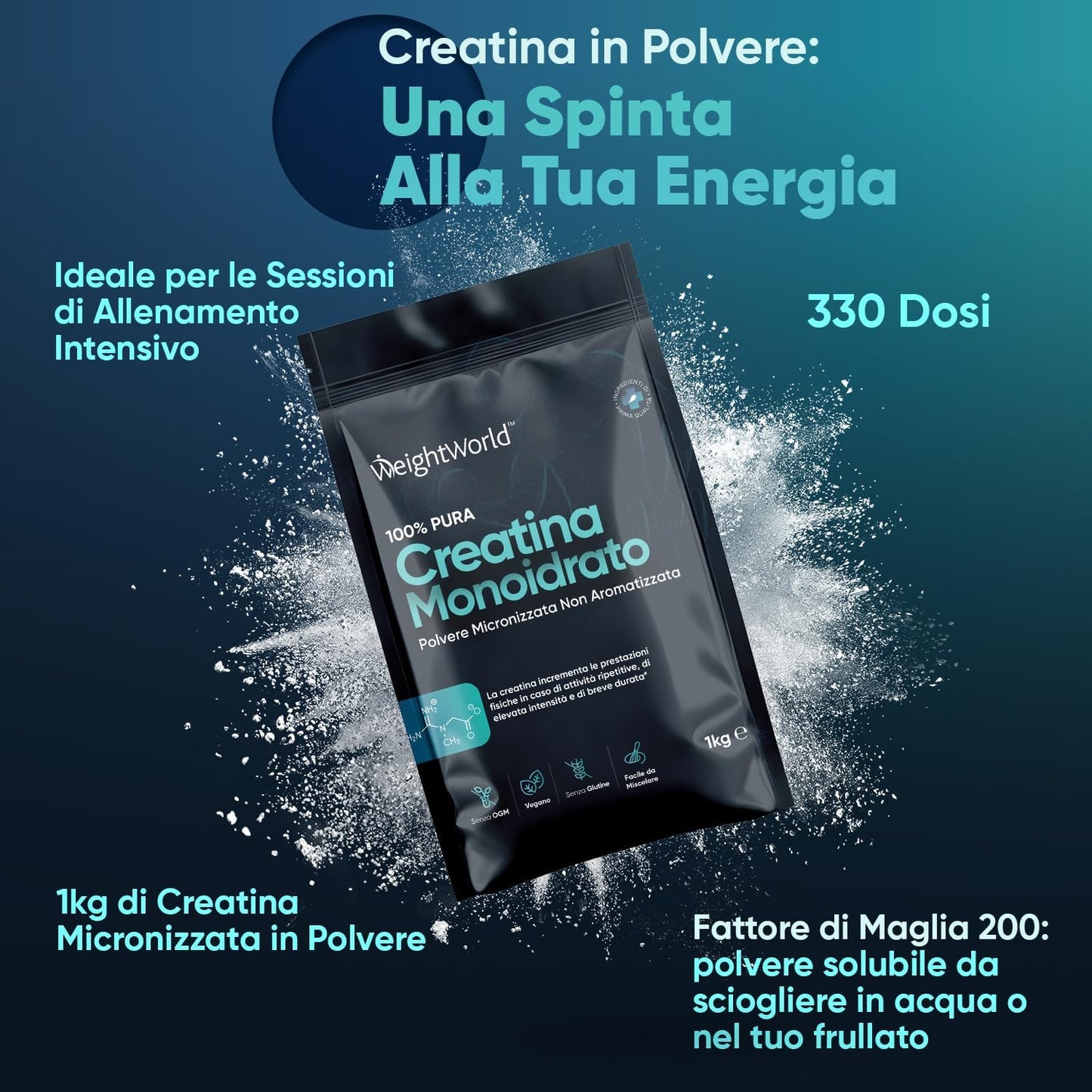 Creatina Monoidrata in Polvere 1000g, Creatina 3000mg 100% Pura, 330 Dosi (10+ Mesi), Fattore di Maglia 200, Creatina Vegana Micronizzata, Pre Workout, Intra Workout, Post Workout, Creatina Monoidrato