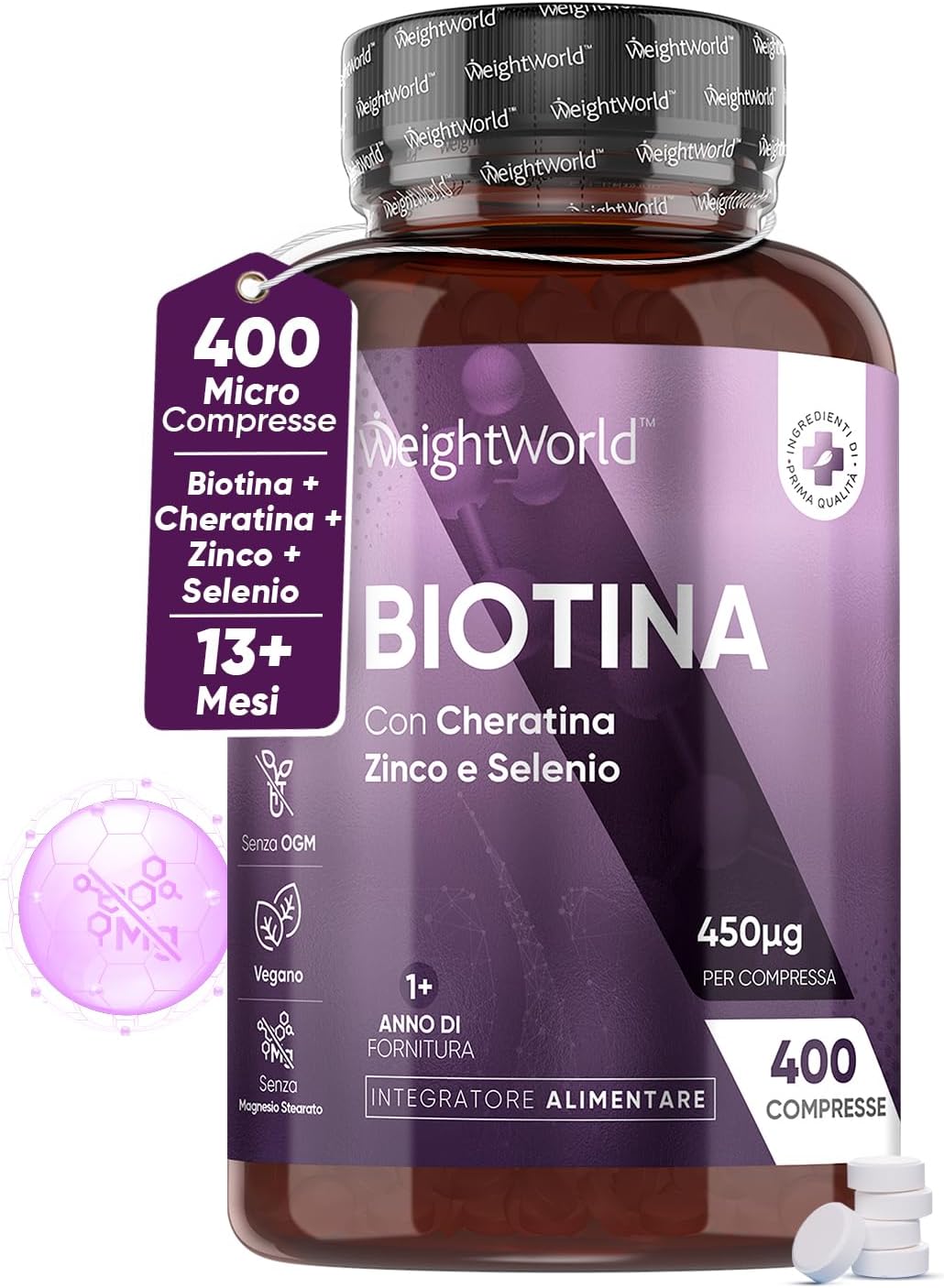 Biotina Capelli + Cheratina + Selenio + Zinco 400 Micro-Compresse (13+ Mesi) Vitamina B7 per Pelle, Unghie, Capelli, Biotina Integratore Alto Dosaggio + Zinco Selenio Cheratina Senza Magnesio Stearato