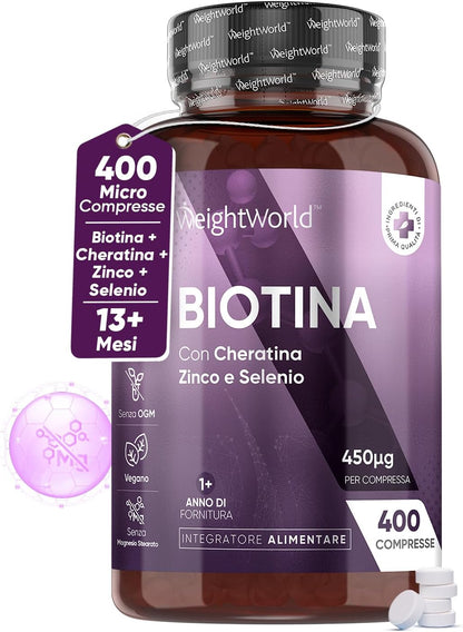 Biotina Capelli + Cheratina + Selenio + Zinco 400 Micro-Compresse (13+ Mesi) Vitamina B7 per Pelle, Unghie, Capelli, Biotina Integratore Alto Dosaggio + Zinco Selenio Cheratina Senza Magnesio Stearato