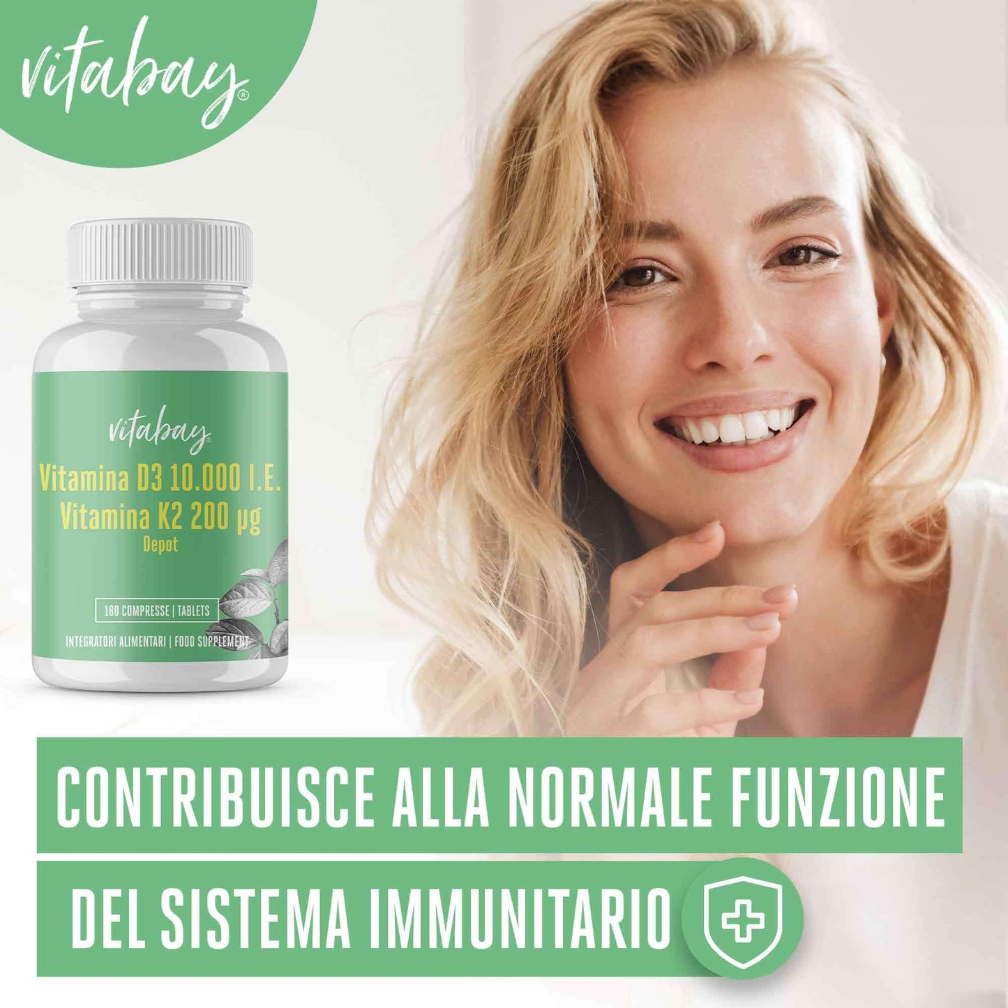 Vitabay Vitamina D3 10000 UI e Vitamina K2 200 mcg 180 compresse vegane - Rilascio prolungato e alto dosaggio - Vitamina K e Vitamina D3 Vegan All-Trans 99,99% - Vitamina D3 K2 Vitamina D Integratori