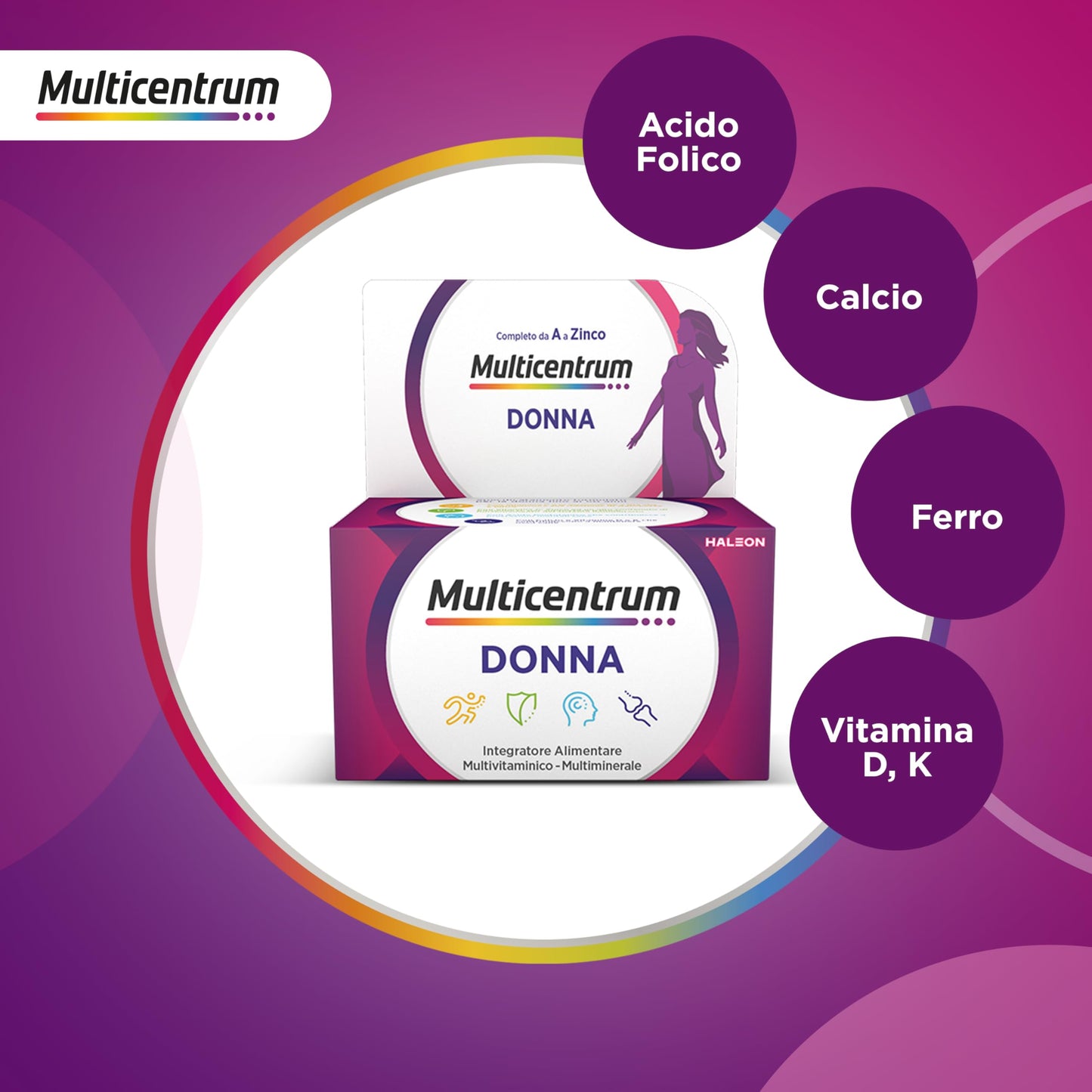 Multicentrum Donna Integratore Multivitaminico completo per donna, con Vitamina D, K, Acido Folico, Calcio, Ferro, per combattere stanchezza e affaticamento, 60 Compresse