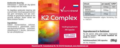 Vitamina k2 mk7 Complex 1250mcg - 240 Capsule - Vegan - Altamente dosato - MK-4 e MK-7 | Vitamintrend®