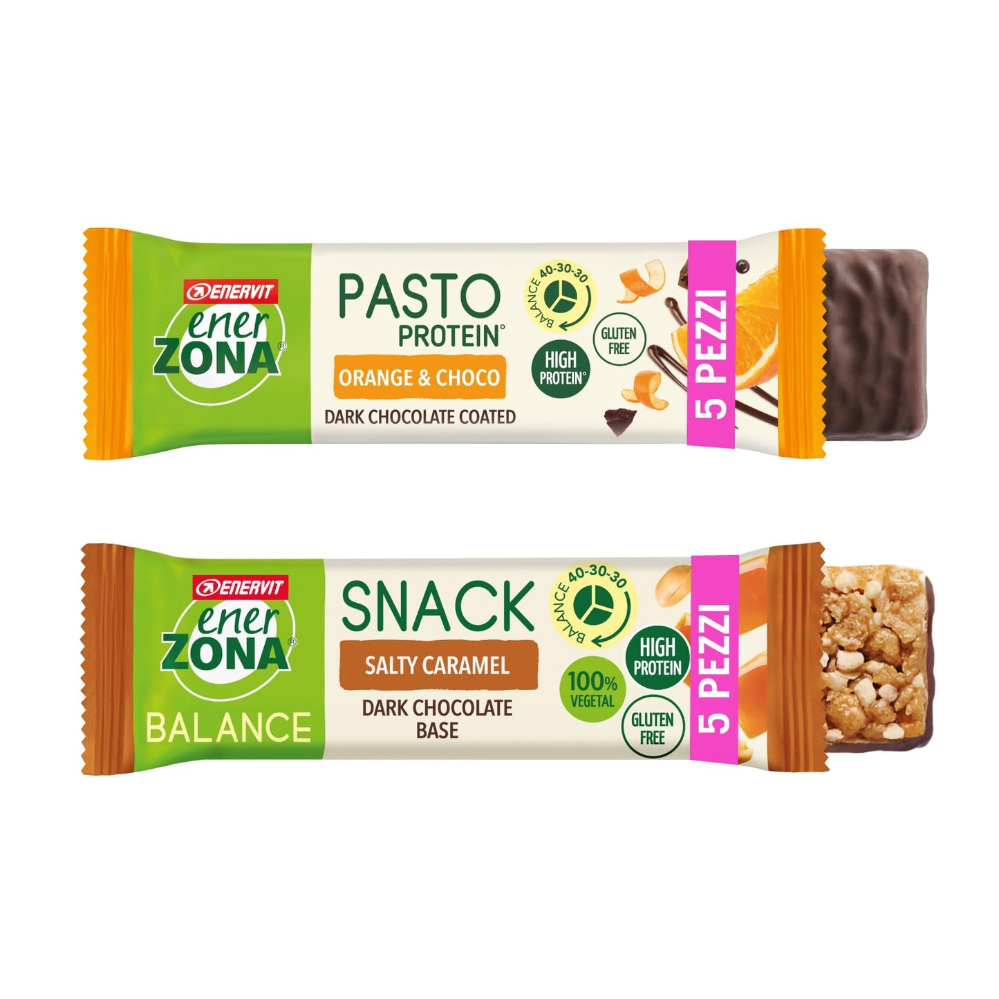 Enervit, Enerzona Protein Snack 40-30-30 Variety Pack 5pz Cioccolato/arancia + 5pz Salty Caramel, Barrette Proteiche per Dieta a Zona con Proteine del Latte e Fibre, Senza Olio di Palma