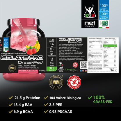 NET Integratori ISOLATE PRO Grass Fed - 700g Cioccolato - Proteine Isolate Con EAA Aminoacidi Essenziali e BCAA - Massimizza La Sintesi Proteica e La Crescita Muscolare