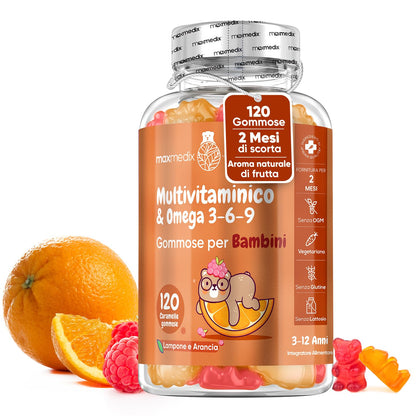 Multivitaminico Bambini Con Omega 3 6 9, 120 Caramelle Gommose (2 Mesi), Gusto di Lampone e Arancia, 12 Vitamine + Zinco e Inositolo, Vegetariano, Senza Gelatina, Orsetti Gommosi Senza Additivi Nocivi