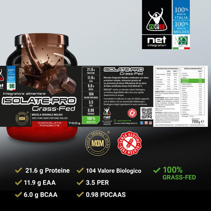 NET Integratori ISOLATE PRO Grass Fed - 700g Cioccolato - Proteine Isolate Con EAA Aminoacidi Essenziali e BCAA - Massimizza La Sintesi Proteica e La Crescita Muscolare