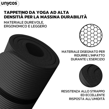 unycos - Tappetino Antiscivolo da Yoga, Pilates e Ginnastica Extra Spesso 10/15 mm, 183x60 cm, Materassino Fitness con Schiuma NBR Confortevole, Tracolla, Borsa ed E-Book di 50 Esercizi