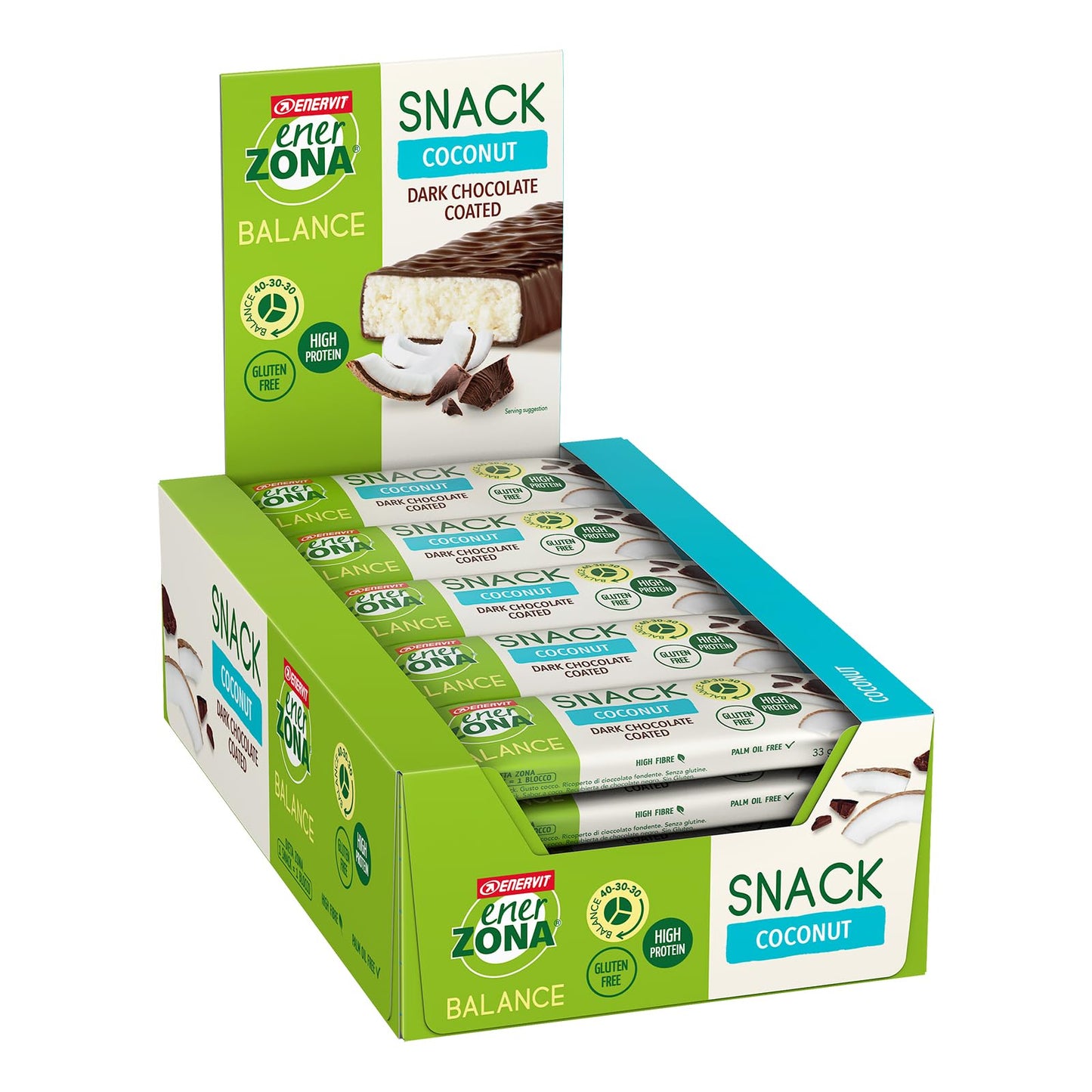 Enervit, Enerzona Protein Snack 40-30-30 Gusto Cocco, 30 Barrette Energetiche da 33gr Dieta a Zona con Proteine del Latte e Fibre, Senza Olio di Palma