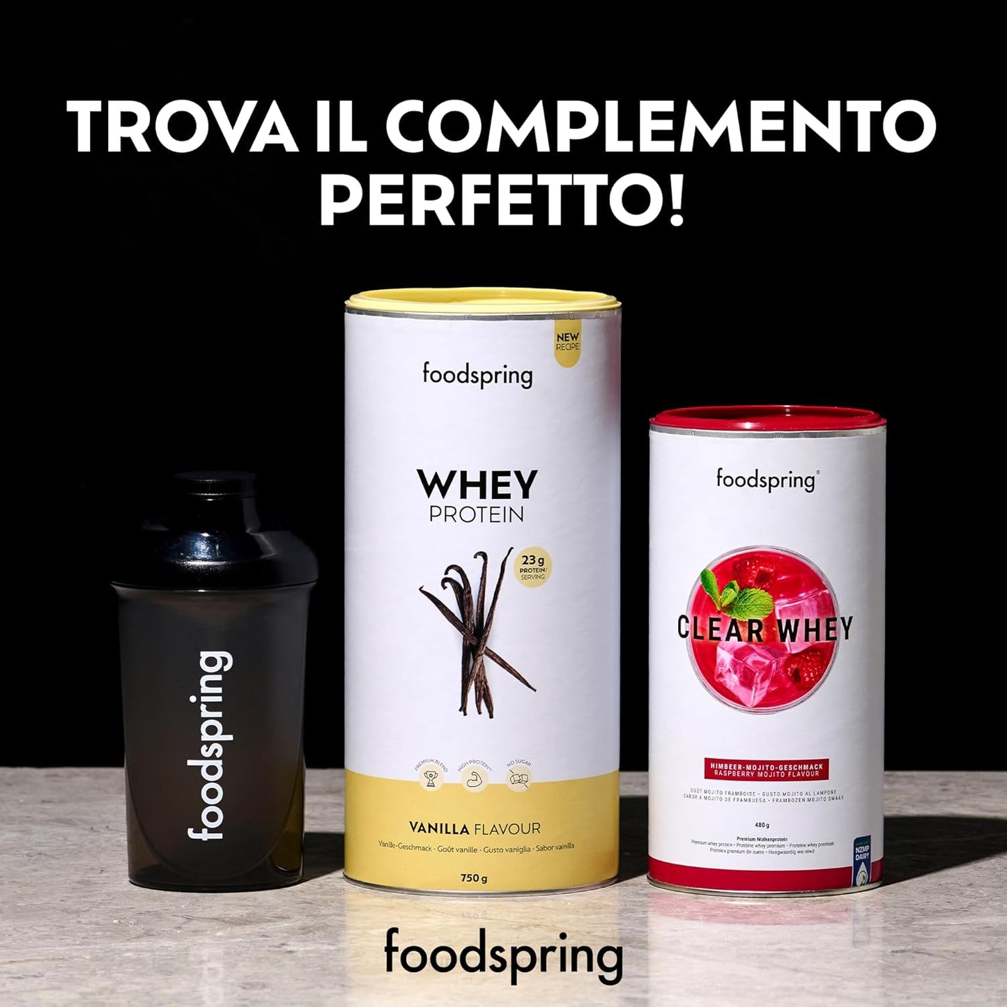 foodspring - Shaker proteine 500ml BPA-free - Borraccia shaker bevande proteiche con tappo a vite, setaccio e scala misurazione - Bottiglia shaker fitness e palestra lavabile in lavastoviglie - nero