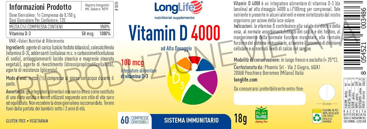 LongLife® Vitamin D 4000 | Alto dosaggio vitamina D3 naturale | 4 mesi di trattamento | Difese immunitarie, salute di ossa e denti | Metabolismo del calcio | Senza glutine e vegetariano