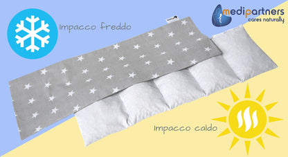 Medi Partners Cuscino Termico noccioli ciliegio 60x20cm 800g 100% Cotone 5 Camere Grande Terapia del freddo Federa sfoderabile (Stelle)