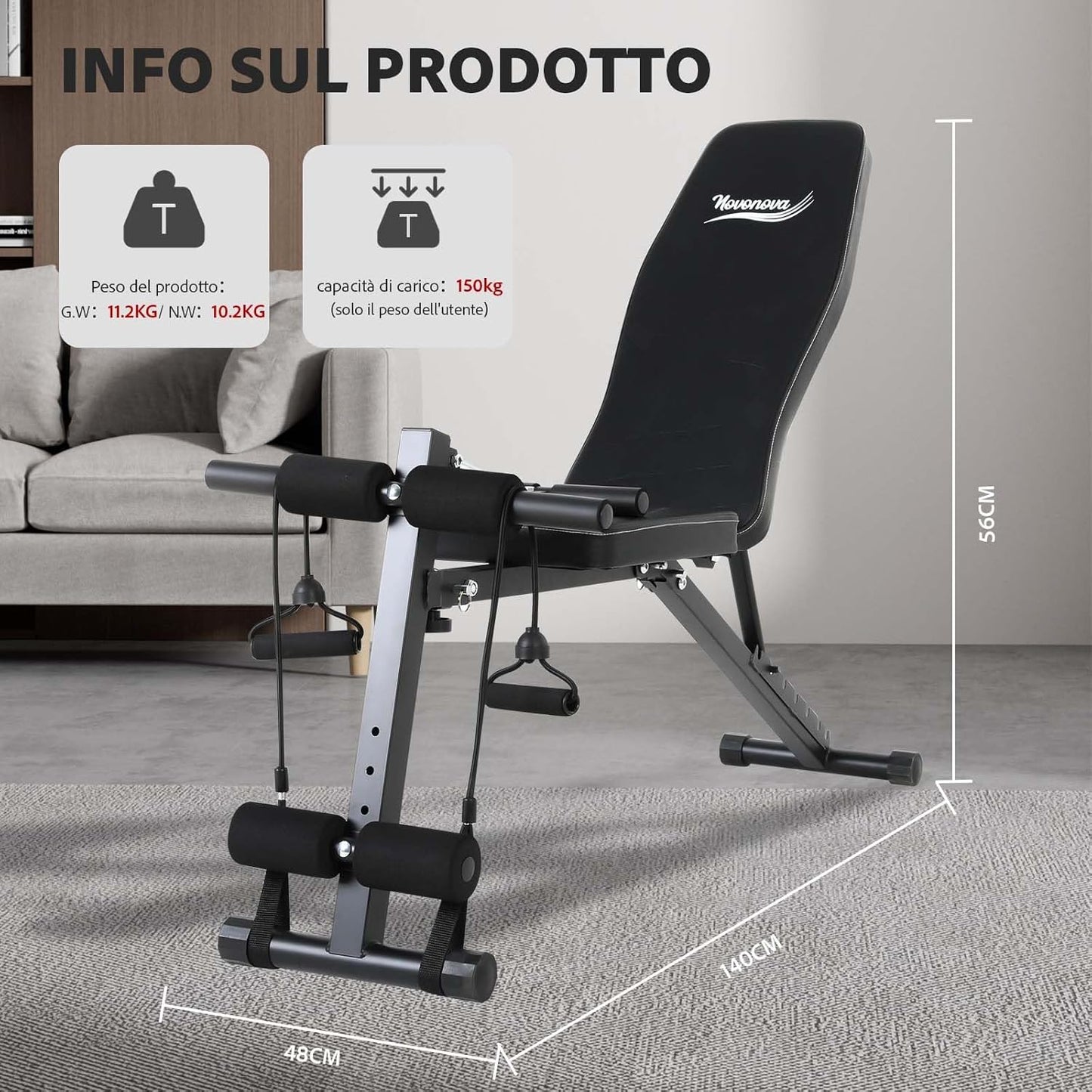 Novonova 4 in 1 Panca Palestra Pieghevole Regolabile, panca multifunzione palestra casa reclinabile, Panca Piana Palestra casa con bande di tensione, panca regolabile in casa, Max.150kg