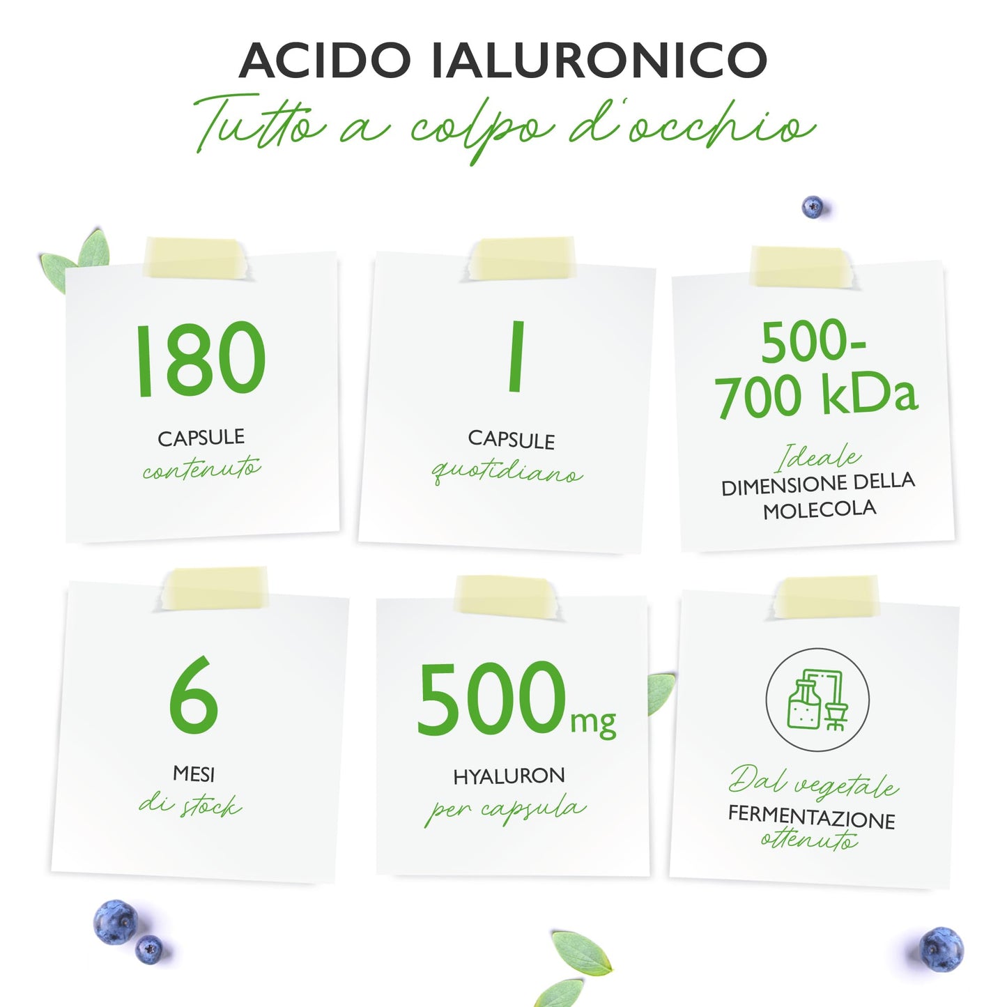 Acido ialuronico - 120 capsule altamente dosate con 500 mg - 500-700 kDa - Vegetale da fermentazione - Vegan