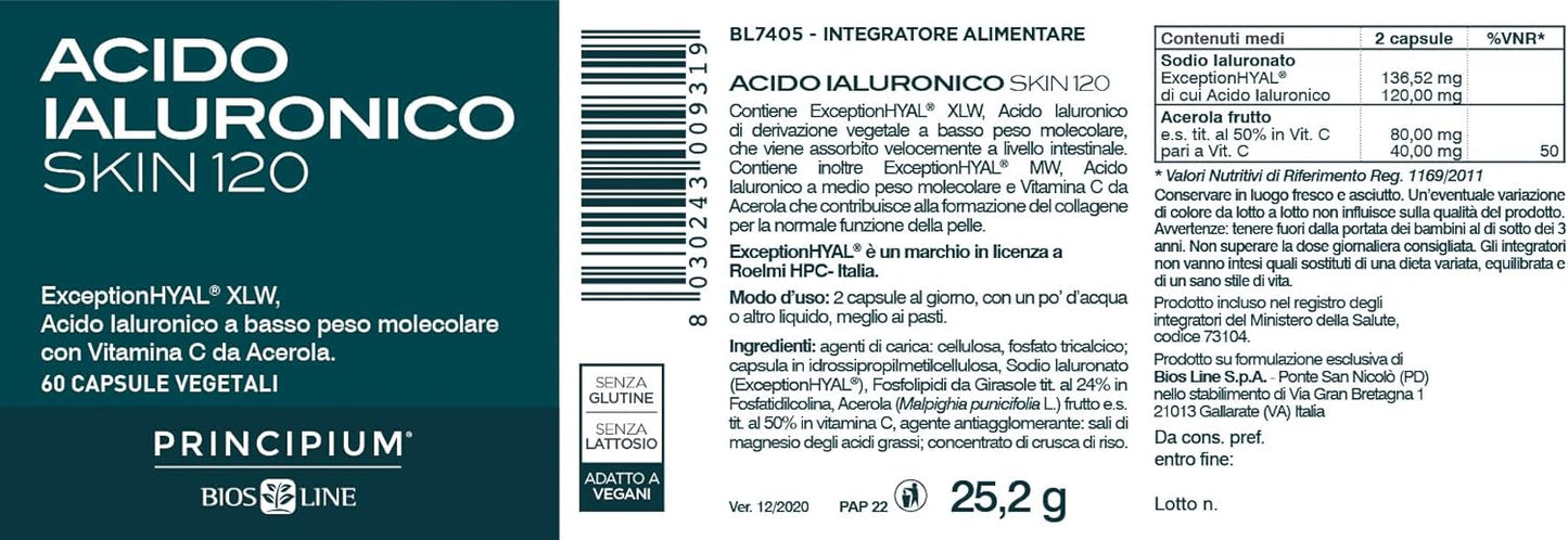 BIOS LINE Principium Acido Ialuronico Skin 120, Integratore collagene con acido ialuronico e vitamina c, Integratore pelle naturale senza glutine e senza lattosio, 60 capsule vegetali