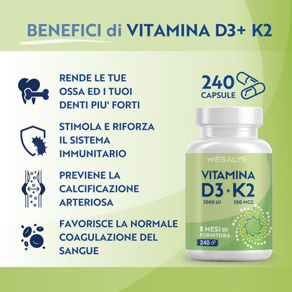 Vitamina D3 K2 240 Capsule (8 Mesi), Vitamin D3 2000 UI + 100 µg Vitamina K, Supporta Ossa, Articolazioni e Sistema Immunitario, Vit D3 Menachinone